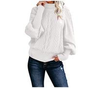 Womens Turtleneck Long Sleeve Cable Knit Sweaters Casual Ribbed Knit Pullover Jumper Top with Lantern Sleeve Fashion Loose Chunky Suéteres de punto por cable de manga larga para mujer(White,XXL)
