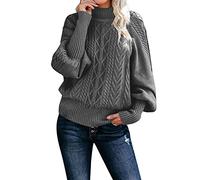 Womens Turtleneck Long Sleeve Cable Knit Sweaters Casual Ribbed Knit Pullover Jumper Top with Lantern Sleeve Fashion Loose Chunky Suéteres de punto por cable de manga larga para mujer（Dark Gray，S）