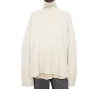 Women's Turtleneck Long Sleeve Striped Sweater Casual Loose Side Split Ribbed Knit Colour Block Oversized Pullover Jumper Tops (A-Beige, M)