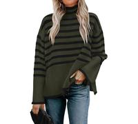 Women's Turtleneck Long Sleeve Striped Sweater Casual Loose Side Split Ribbed Knit Colour Block Oversized Pullover Jumper Tops (A-Dark Green, M)