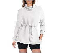 Women's Turtleneck Sweatshirt with Waist Drawstring Long Sleeve Loose Pullover Teddy Plush Sweatshirt Tunics Ladies Winter Autumn Tops Solid Color Elegant Blouse Comfy Warm Pullover Crew Neck Sweater