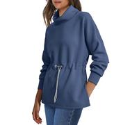 Womens Turtleneck Sweatshirts Drawstring Waist Pullover Tops Loose Fit Long Sleeve Hoodies Fall Preppy Outfits(Blue,XL)