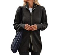 Women's Turtleneck Zip Up Cardigan Sweaters Oversized Drop Shoulder Long Sleeve Casual Solid Mesh Knit Jumper Tops, Black, L