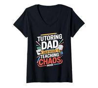 Women's Tutoring Dad Calm Outside Teaching Chaos Inside V-Neck T-Shirt