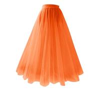 Women's Tutu Skirt Elegant Midi Pleated Skirt High Waist Irregular Layered Mesh Petticoat Casual Elasticated A Line Skirts Long Vintage Net Tiered Tutu 80s Halloween Carnival Prom Party (03-Orange, L)