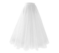 Women's Tutu Skirts - Layered Knee Length Tulle Midi Skirt, Princess Mesh Tulle A Line Pleated Ballet Bubble Dance Skirts, Elastic High Waist Underskirt Evening Gown Prom Wedding Skirt White