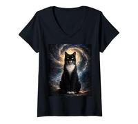Women's Tuxedo Cat Starry Night Van Gogh Inspired Painting Black Cat V-Neck T-Shirt