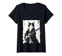 Womens Tuxedo Samurai Cat Japanese Ink Painting Swordsman Gift V-Neck T-Shirt