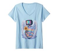 Womens TV Head Man Angel Wings Eye Sunflower Weirdcore Aesthetic V-Neck T-Shirt