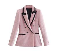 Women's Tweed Blazer Jacket Coat Formal Office Business Blazer Jacket Outwear Turn Down Collar Slim Fit Blazer Work Wear,Pink,XS