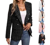 Women's Tweed Blazers Business Notched Lapels Double Breasted Jackets Casual Long Sleeve Open Front Work Suits Fashion 2026 Boyfriend Houndstooth Pattern Blazer Vintage Everyday Outerwear
