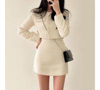 Women's Tweed Pearl Button Blazer and A-line Skirt 2-Piece Set, Elegant Short Jacket with Matching Skirt for Fall Fashion(S Apricot)