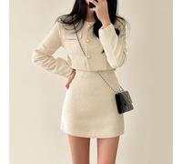 Womens Tweed Skirt Suit with Pearl Button Collarless Jacket and A-Line Mini Skirt, Elegant Two Piece Outfit in Polyester for Spring Autumn, Ladies Fashion Set(XL Apricot)