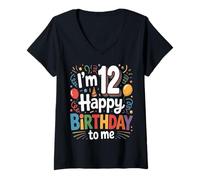 Women's Twelve 12yr 12th Birthday Party Balloons 12 Year Old Boys V-Neck T-Shirt
