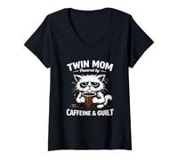 Women's Twin Mom Cat Design Powered by Caffeine & Guilt Funny Twins V-Neck T-Shirt