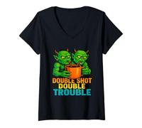 Womens Twin Shot 2 Trouble Funny Coffee Lover Artwork V-Neck T-Shirt