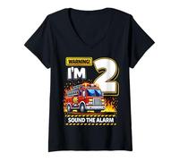 Women's Two 2yr 2nd Birthday Fire Truck Firefighter 2 Year Old Boy V-Neck T-Shirt