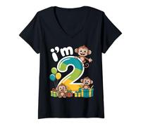 Women's Two 2yr 2nd Birthday Monkey Party Jungle 2 Year Old Boys V-Neck T-Shirt