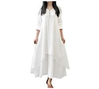 Women's Two Artistic Large Swing Linen Loose Long Sleeve Cotton Linen Skirt, White, L