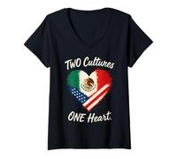 Womens Two Cultures One Heart Half American Half Mexican USA Mexico V-Neck T-Shirt