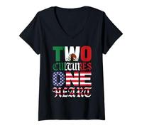 Womens Two Cultures One Heart Mexico USA Mexican Chicano Raza Migra V-Neck T-Shirt