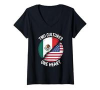 Womens Two Cultures One Heart USA Mexico Flag Unity Art Women Men V-Neck T-Shirt