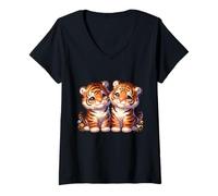 Womens Two Cute Tiger Cubs with Flowers V-Neck T-Shirt