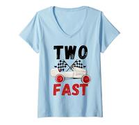 Womens Two Fast 2 Curious 2th Birthday Boy Checkered Retro Race Car V-Neck T-Shirt
