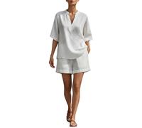 Women's Two Piece Co Ord Set Short Sleeve V Neck Longline Top and Wide Leg Shorts with Pockets Loose Fit Summer Holiday Beachwear Vacation Loungewear Everyday Comfortable Outfit (A-White, M)