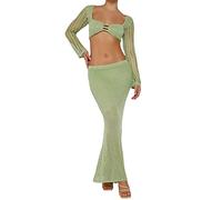 Womens Two Piece Crochet Knitted Outfits Hollow Out Knit Bodycon Mini Skirt and Crop Top Set Sexy Beach Cover Up Summer Going Out Co Ord Sets (E 01- Green, S)
