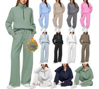 Womens Two Piece Full Set Pullover Drawstrings Wide Leg Trousers Tracksuit Long Sleeve Oversized Half Zip Sweatshirt Sweatpants Outfits Ladies Gym Sports Casual Activewear Sets
