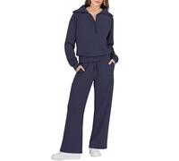 Womens Two Piece Full Set Tracksuit - Long Sleeve Half Zip Sweatshirt Pullover Drawstrings Wide Leg Trousers Sweatpants Outfits Ladies Gym Sports Casual Activewear Oversized Lounge Sets Navy