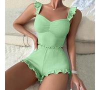 Womens Two Piece Knit Sleeveless Top and Shorts Pajama Set, Solid Colour Loungewear for Home or Hotel in All Seasons, Comfortable Polyester Spandex Sleepwear(L Green)