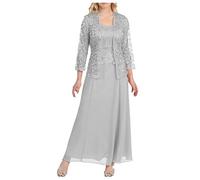 Women's Two Piece Lace Cardigan Dress Long Sleeve Chiffon Dresses for Party Wedding Mother of The Bride Suits with Lace Jacket Wedding Outfit Evening Gown Plus Size 22 Gray