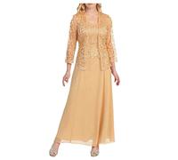 Women's Two Piece Lace Cardigan Dress Long Sleeve Chiffon Dresses for Party Wedding Mother of The Bride Suits with Lace Jacket Wedding Outfit Evening Gown Plus Size 22 Yellow