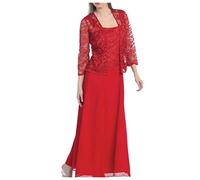 Women's Two Piece Lace Cardigan Dress Long Sleeve Chiffon Dresses for Party Wedding Mother of The Bride Suits with Lace Jacket Wedding Outfit Evening Gown Plus Size 22 Red