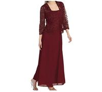 Women's Two Piece Lace Cardigan Dress UK Sale Clearance Long Sleeve Chiffon Dresses for Party Wedding Mother of The Bride Suits with Lace Jacket Wedding Outfit Evening Gown Plus Size 8-22