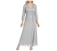 Women's Two Piece Lace Cardigan Dress UK Sale Clearance Long Sleeve Chiffon Dresses for Party Wedding Mother of The Bride Suits with Lace Jacket Wedding Outfit Evening Gown Plus Size 8-22