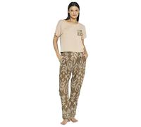 Women's Two-Piece Loungewear Set, Beige Short-Sleeve T-Shirt with Pocket Design, Brown Geometric Pattern Trousers (Brown, M)