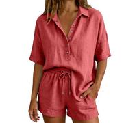 Womens Two Piece Outfits Womens Cotton Linen 2 Piece Outfits Summer Co Ord Sets Half Sleeve Button Up Tops and Wide Leg Shorts Casual Lounge Wear Set Tracksuit for Airport Travel Vacation Beach