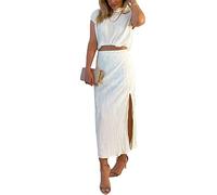 Womens Two Piece Pleated Outfit Sexy Maxi Skirt Co Ord Sets Backless Plisse Textured Crop Top and Skirt Ladies Elegant Summer Party Club Going Out Outfits (White, XL)