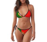 Women's Two Piece Portuguese Flag Print Bikini Swimsuit Sexy String Triangle Bathing Suits Swimwear Sets, Black, Medium