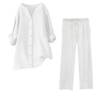 Womens Two Piece Set Linen Lounge Wear Co Ord Set Ladies Travel Summmer Outfits Oversized Leisure Tracksuit Suits Crew Neck Solid Long Sleeve Blouse and Wide Leg Pant Home 2 Piece Sets S-5XL