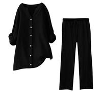 Womens Two Piece Set Linen Lounge Wear Co Ord Set Ladies Travel Summmer Outfits Oversized Leisure Tracksuit Suits Crew Neck Solid Long Sleeve Blouse and Wide Leg Pant Home 2 Piece Sets S-5XL B Black