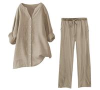 Womens Two Piece Set Linen Lounge Wear Co Ord Set Ladies Travel Summmer Outfits Oversized Leisure Tracksuit Suits Crew Neck Solid Long Sleeve Blouse and Wide Leg Pant Home 2 Piece Sets S-5XL