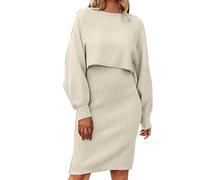 Womens Two-Piece Set Sweater Dress Lazy Style Fashion Solid Colour Knitted Pullover Loose Ribbed Round Neck Jumper Thermal Casual Knitwear Long Sleeve Medium Length Faux Wool Beige
