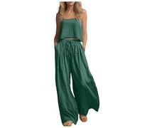 Womens Two Piece Sets Summer Cotton Linen Outfits Back Bow Tie Sleeveless Blouse and Trouser Set High Waist Wide Leg Pants Cotton Linen Trouser Suits (Green #2, XL)