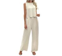 Womens Two Piece Sets Summer Cotton Linen Outfits Back Bow Tie Sleeveless Blouse and Trouser Set Ladies Co Ord Sets Vacation Holiday Outfites Airport Travel Suits for Women Tracksuits Beige