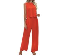 Womens Two Piece Sets Summer Cotton Linen Outfits Back Bow Tie Sleeveless Blouse and Trouser Set Ladies Co Ord Sets Vacation Holiday Outfites Airport Travel Suits for Women Tracksuits Orange