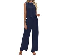 Womens Two Piece Sets Summer Cotton Linen Outfits Back Bow Tie Sleeveless Blouse and Trouser Set Ladies Co Ord Sets Vacation Holiday Outfites Airport Travel Suits for Women Tracksuits Dark Blue